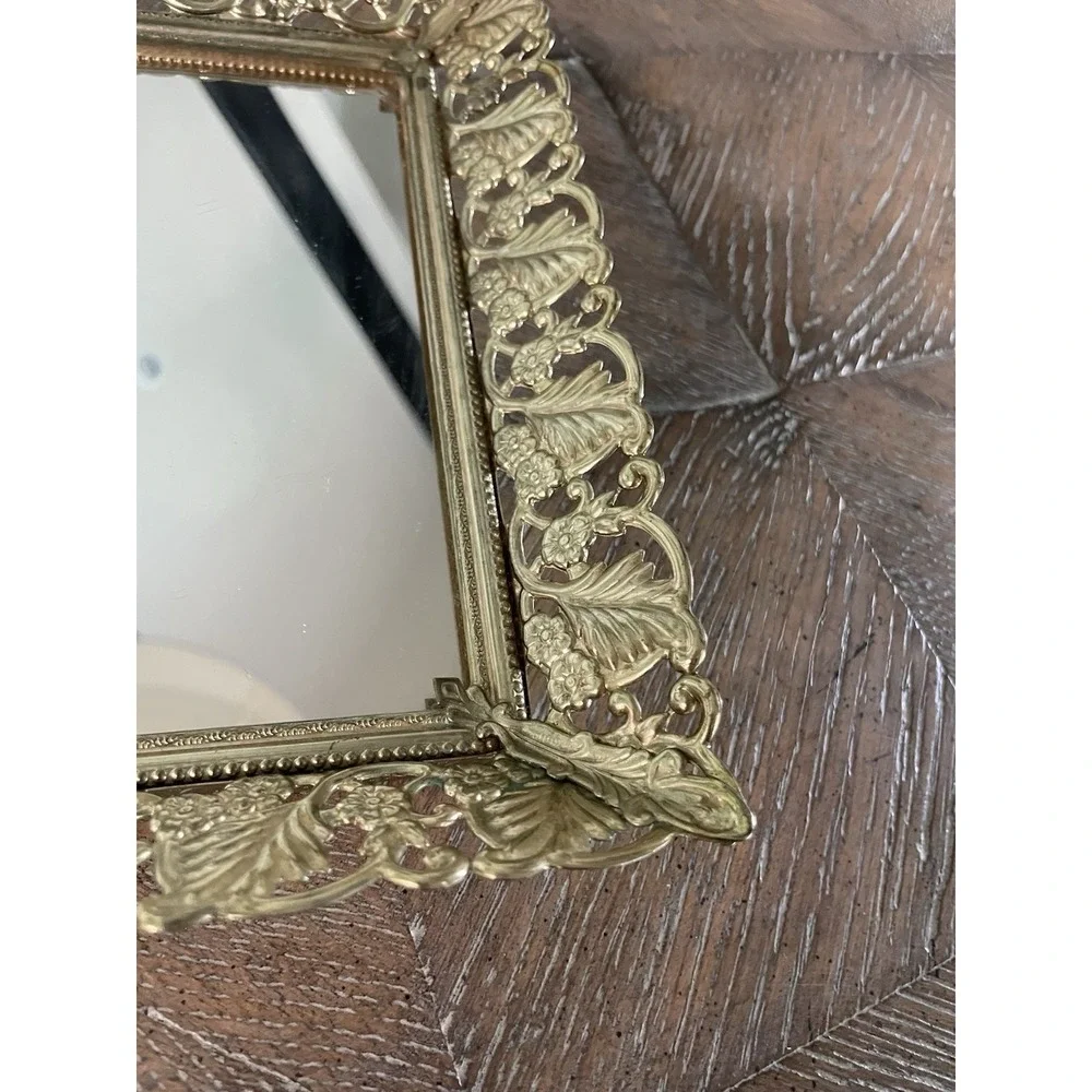 Vtg Mirrored Vanity Tray Gold Filigree Rectangle Hollywood Regency Dresser Decor